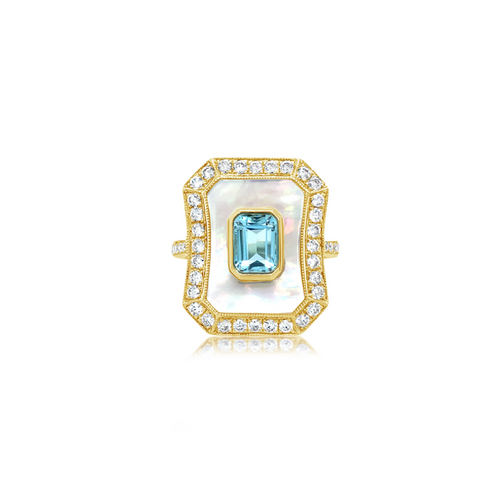 Diamond Ring With Mother Of Pearl and Blue Topaz - Doves by Doron Paloma