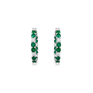 White Gold Diamond and Emerald Round Hoop Earrings