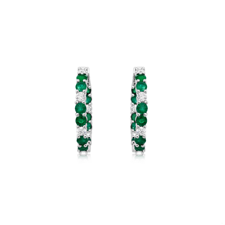 White Gold Diamond and Emerald Round Hoop Earrings