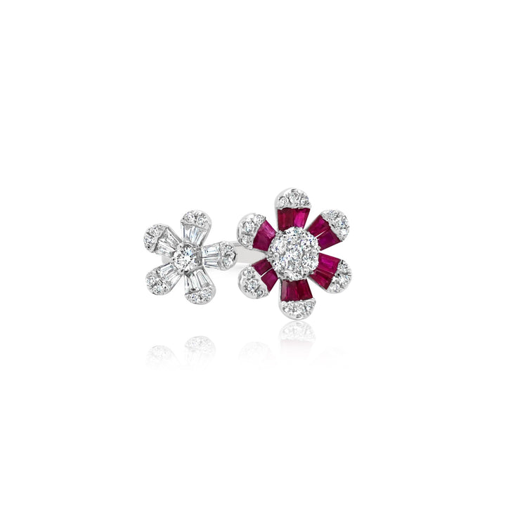 White Gold Diamond and Ruby Flower Ring