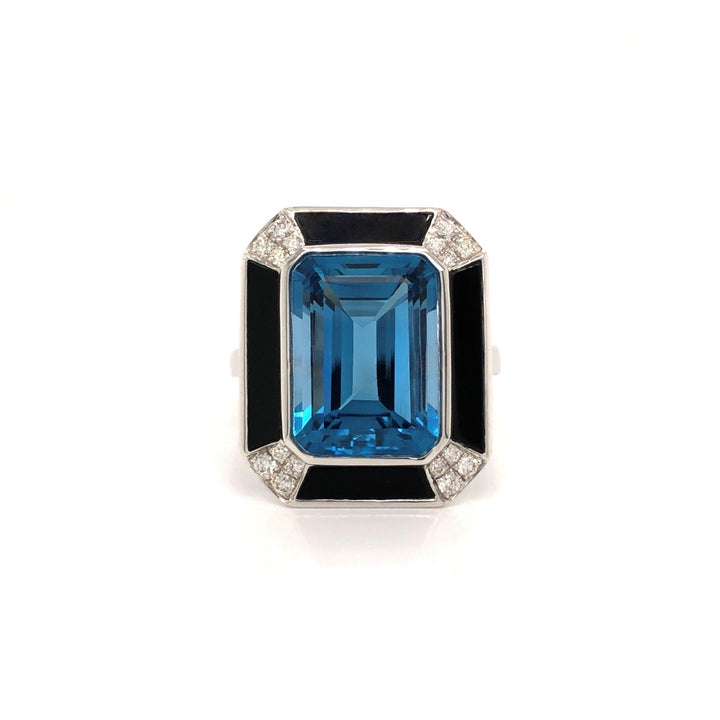 Diamond and Onyx Framed Ring With Blue Topaz Center - Doves by Doron Paloma