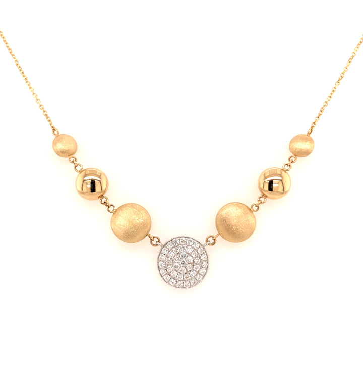 Brushed and Polished Gold Bead Necklace With Diamond Disc Center