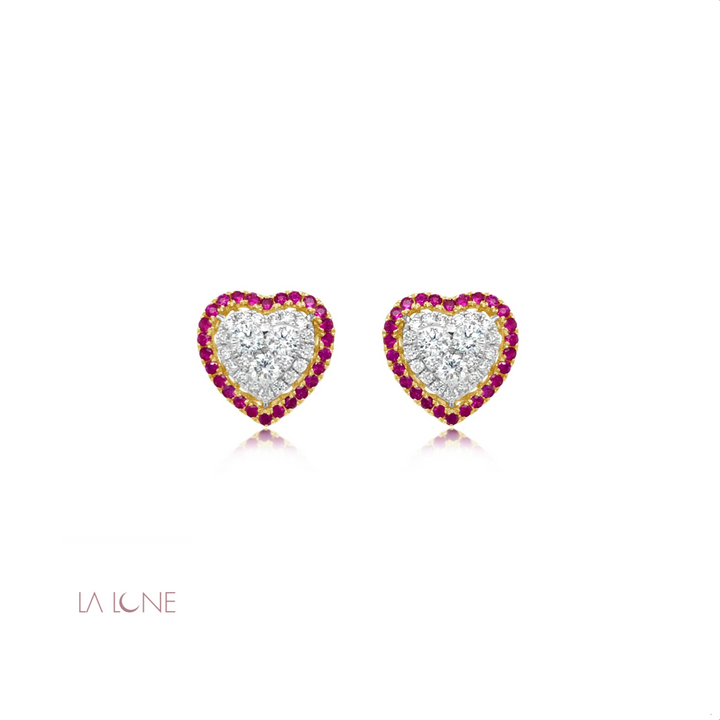 Two-Tone Diamond and Ruby Halo Heart Studs - LaLune