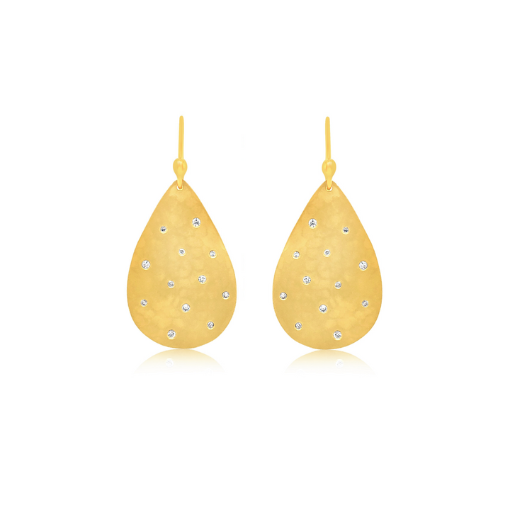 Hammered Gold Pear Shape Diamond-Studded Earrings - Marika