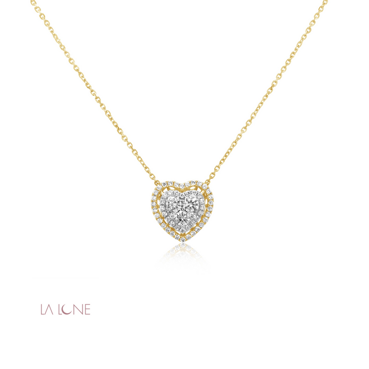 Two-Tone Double Halo Diamond Heart Pendant On Yellow Gold Chain - LaLune
