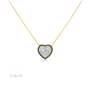 Two-Tone Diamond and Sapphire Halo Heart Pendant - LaLune