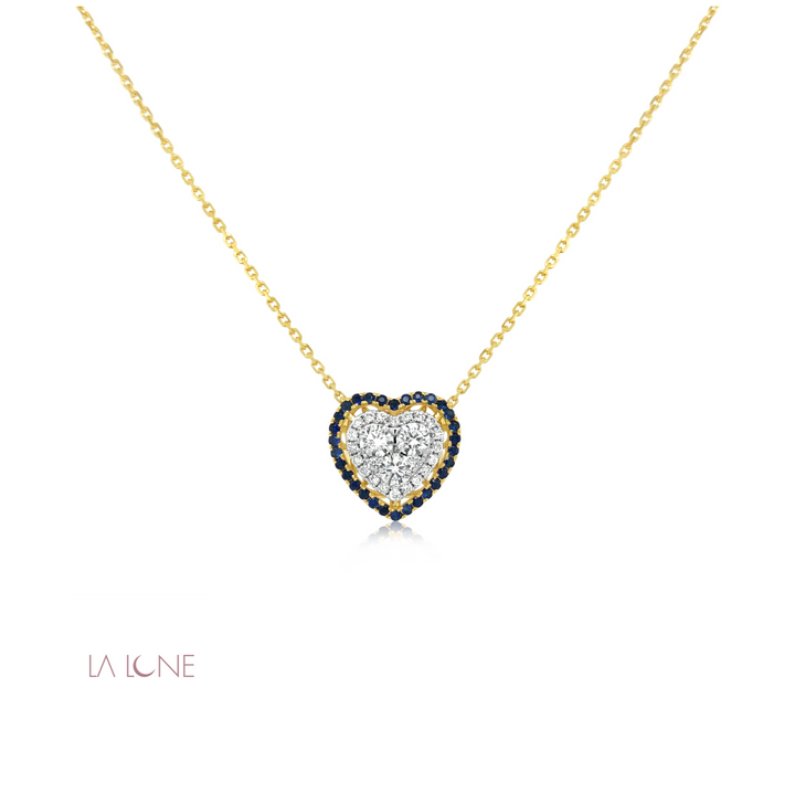 Two-Tone Double Halo Diamond and Sapphire Heart Pendant - LaLune