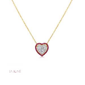 Two-Tone Diamond and Ruby Halo Heart Pendant - LaLune